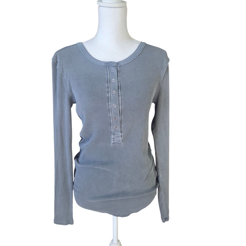 Free People We The Free Jaime Henley Ribbed Long Sleeve Top Blue Gray Medium M